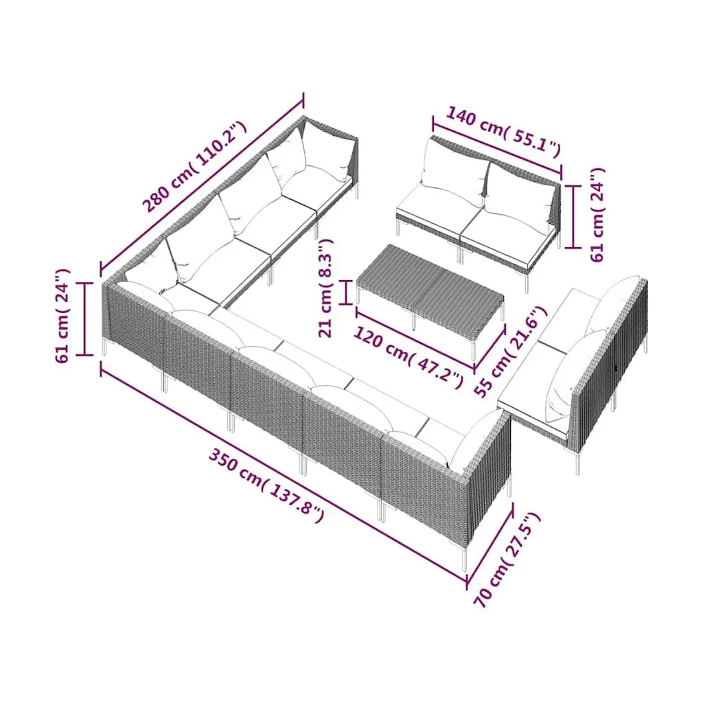 13 Piece Outdoor Lounge Set with Grey Cushions