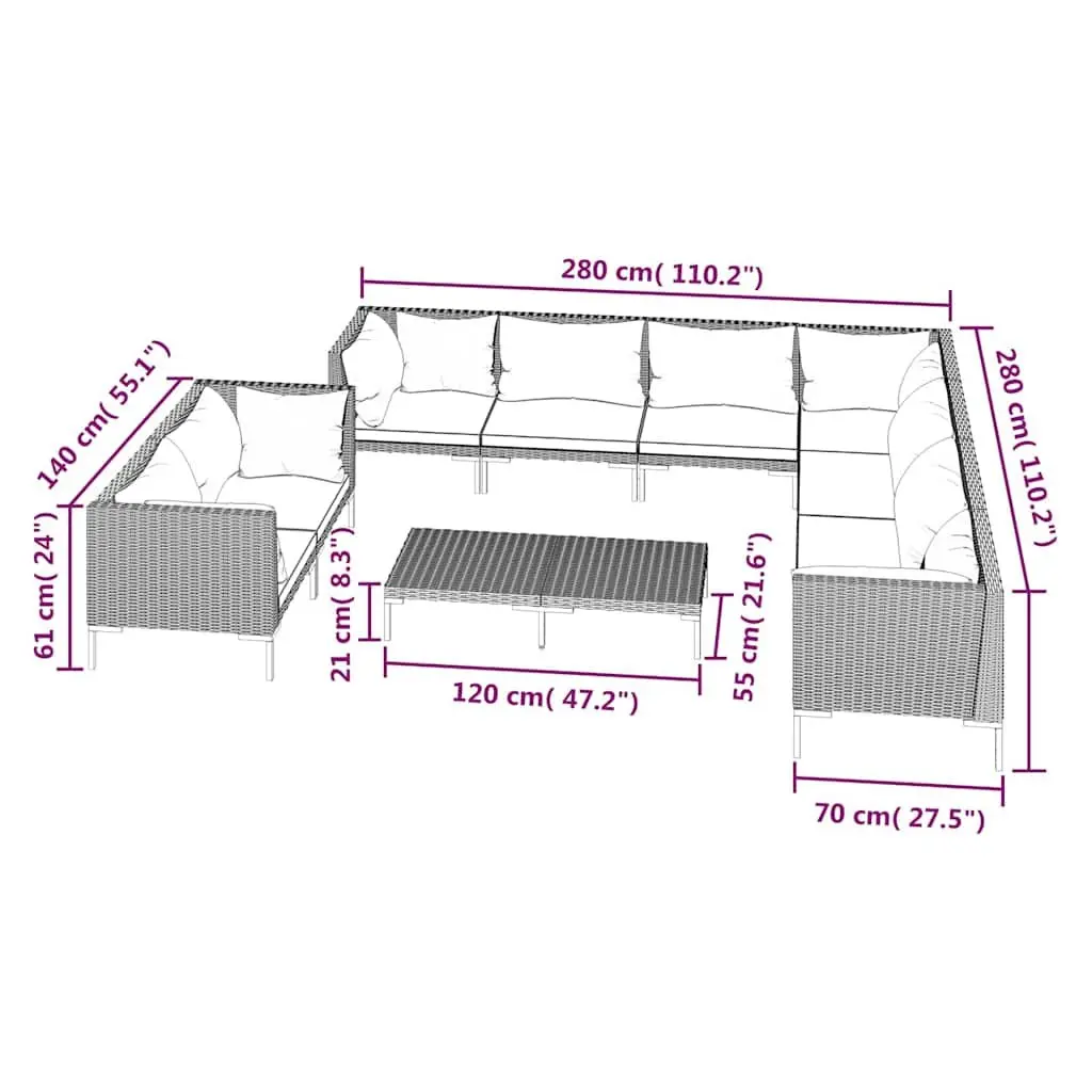 10 Piece Garden Lounge Set Poly Rattan Powder Coated Steel Grey