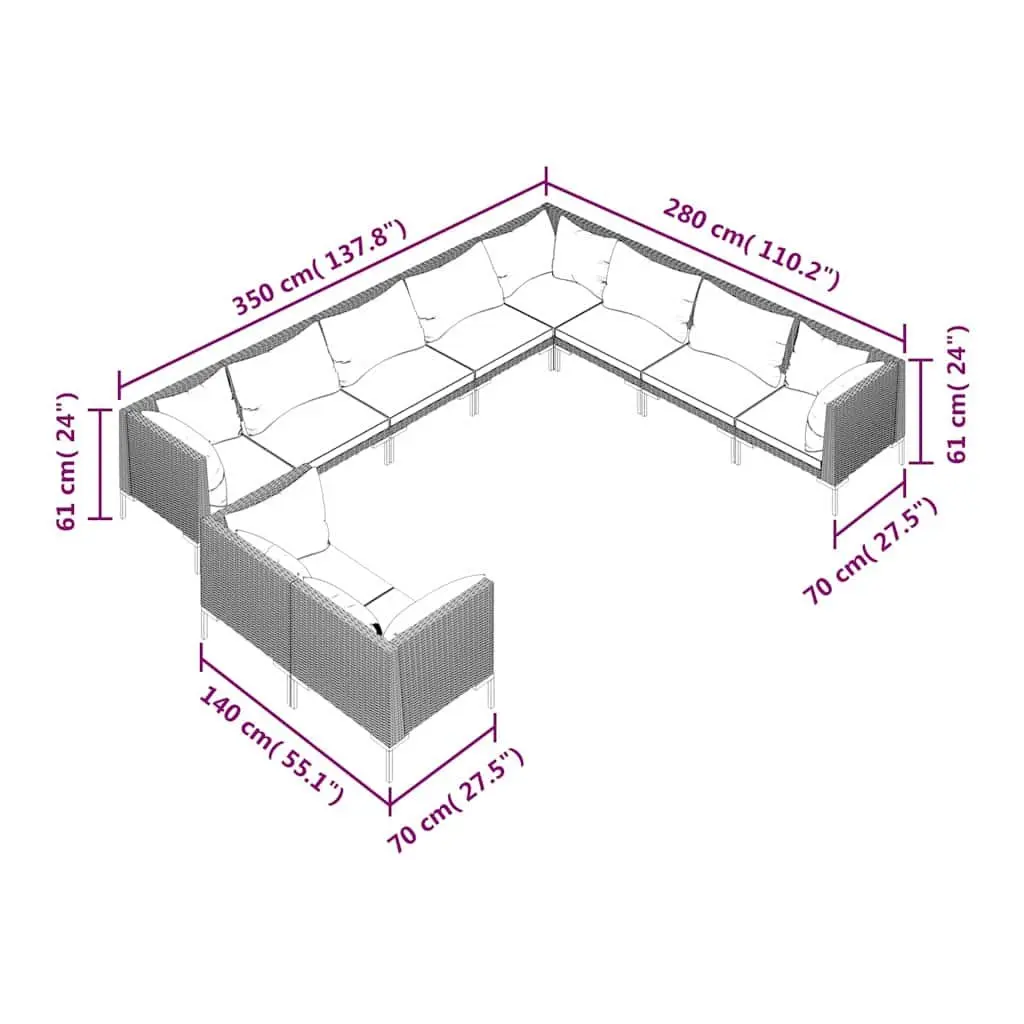 10-Piece Grey Garden Lounge Set with Cushions