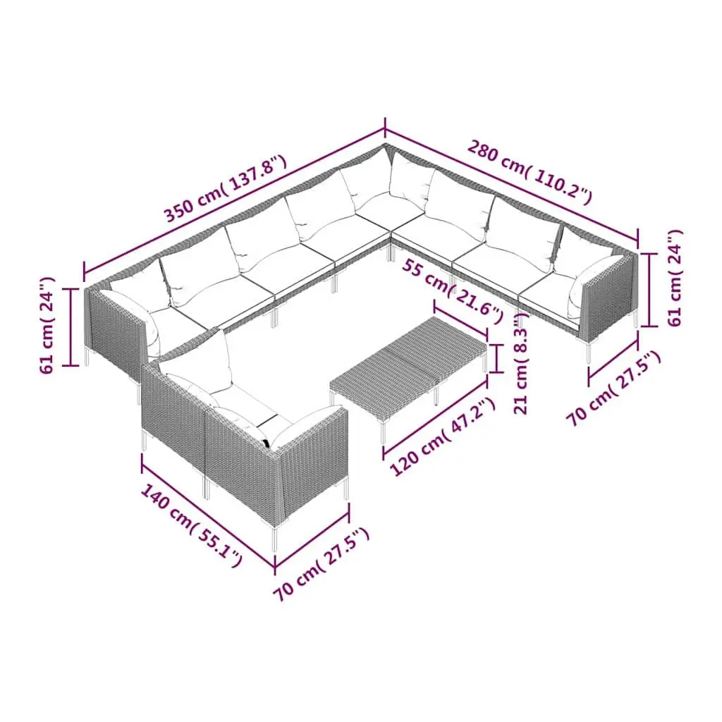 11-Piece Grey Poly Rattan Garden Lounge Set