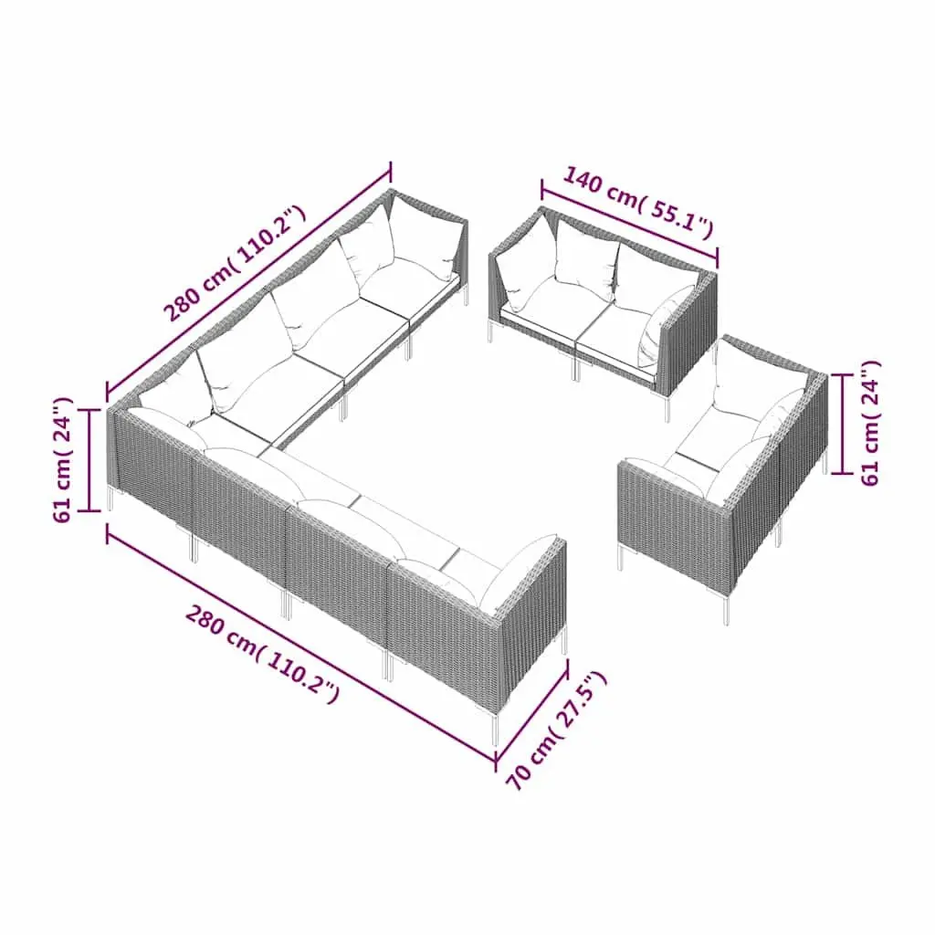 Garden Lounge Set Poly Rattan 11 Piece Outdoor Furniture Grey