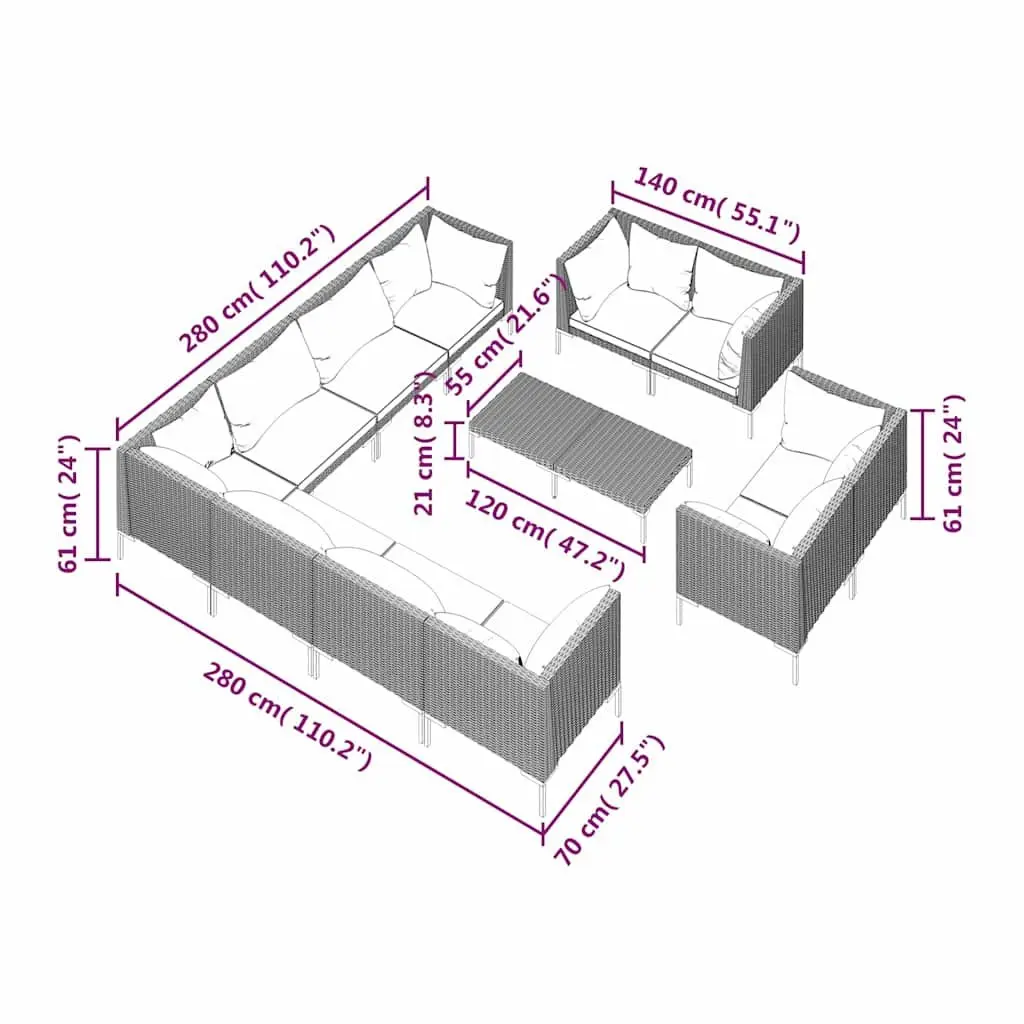 Garden Lounge Set Rattan Grey 12 Piece Outdoor Furniture with Cushions