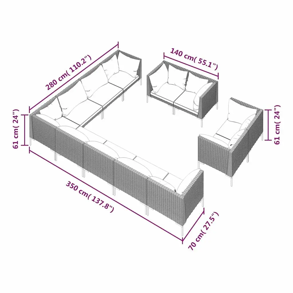 Garden Lounge Set PE Rattan 12 Piece Outdoor Furniture Grey Cushions