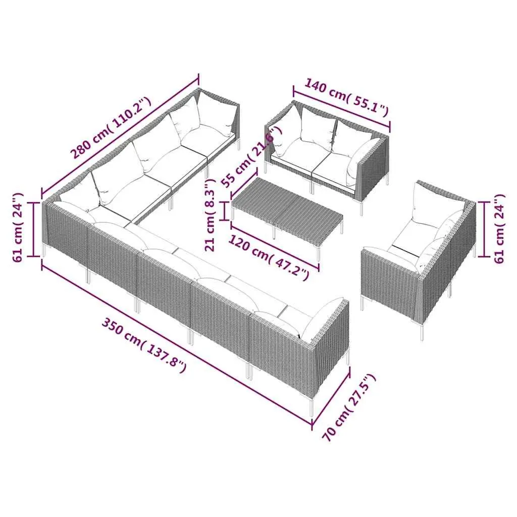 13-Piece Grey Rattan Garden Lounge Set