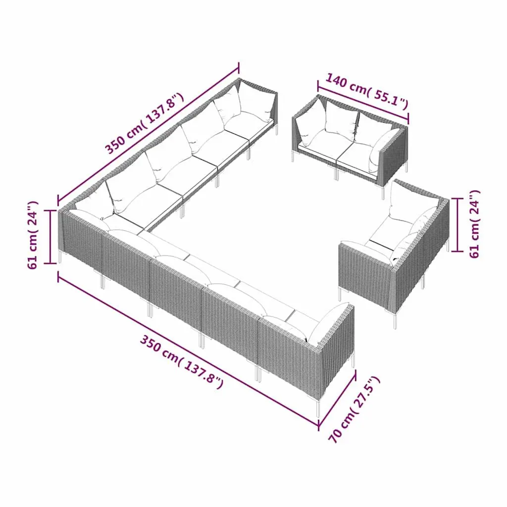 13-Piece Garden Lounge Set with Cushions in Grey