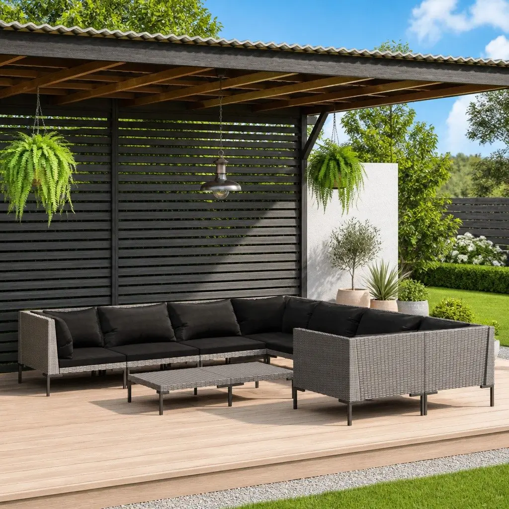Garden Lounge Set 9 Piece Outdoor Furniture Grey Rattan Cushions