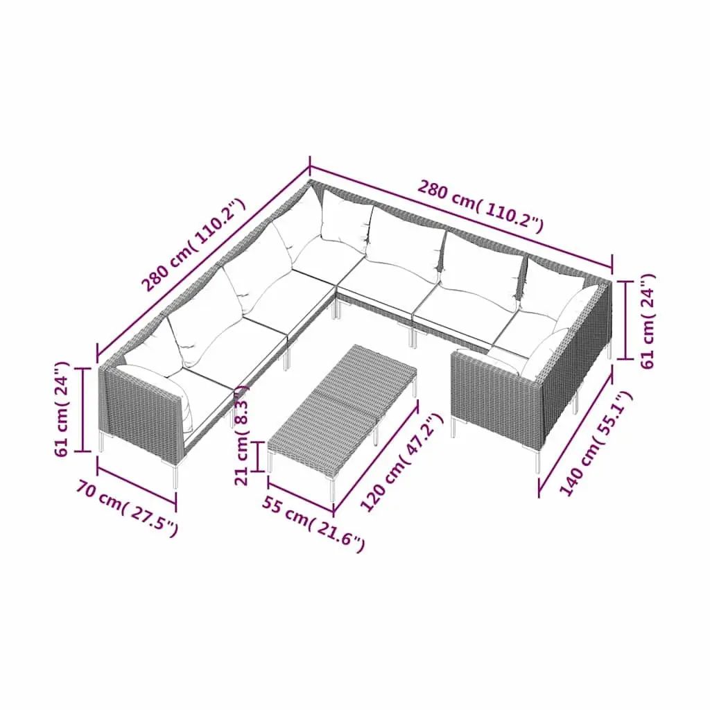 Garden Lounge Set 9 Piece Outdoor Furniture Grey Rattan Cushions