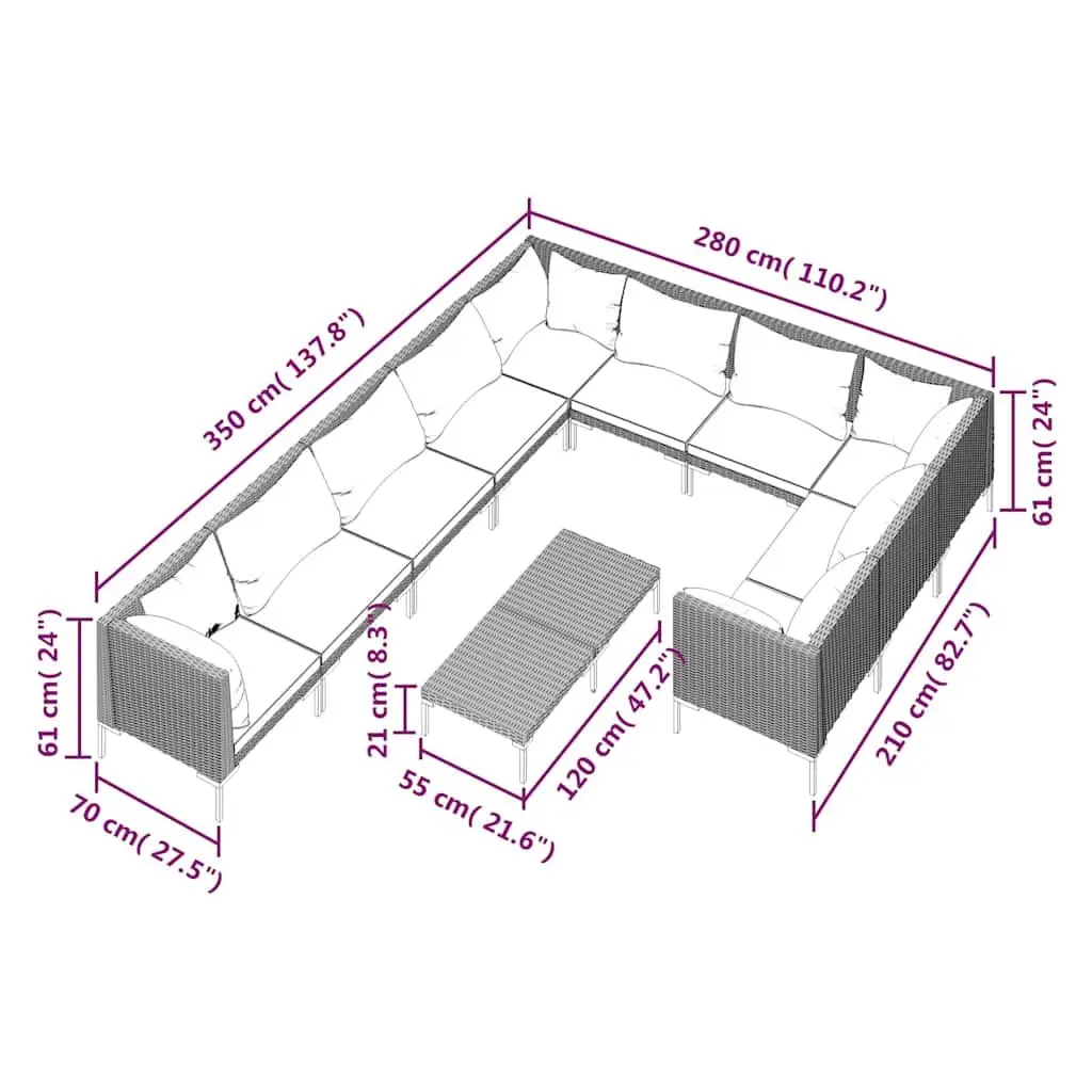 11-Piece Grey Garden Lounge Set with Cushions