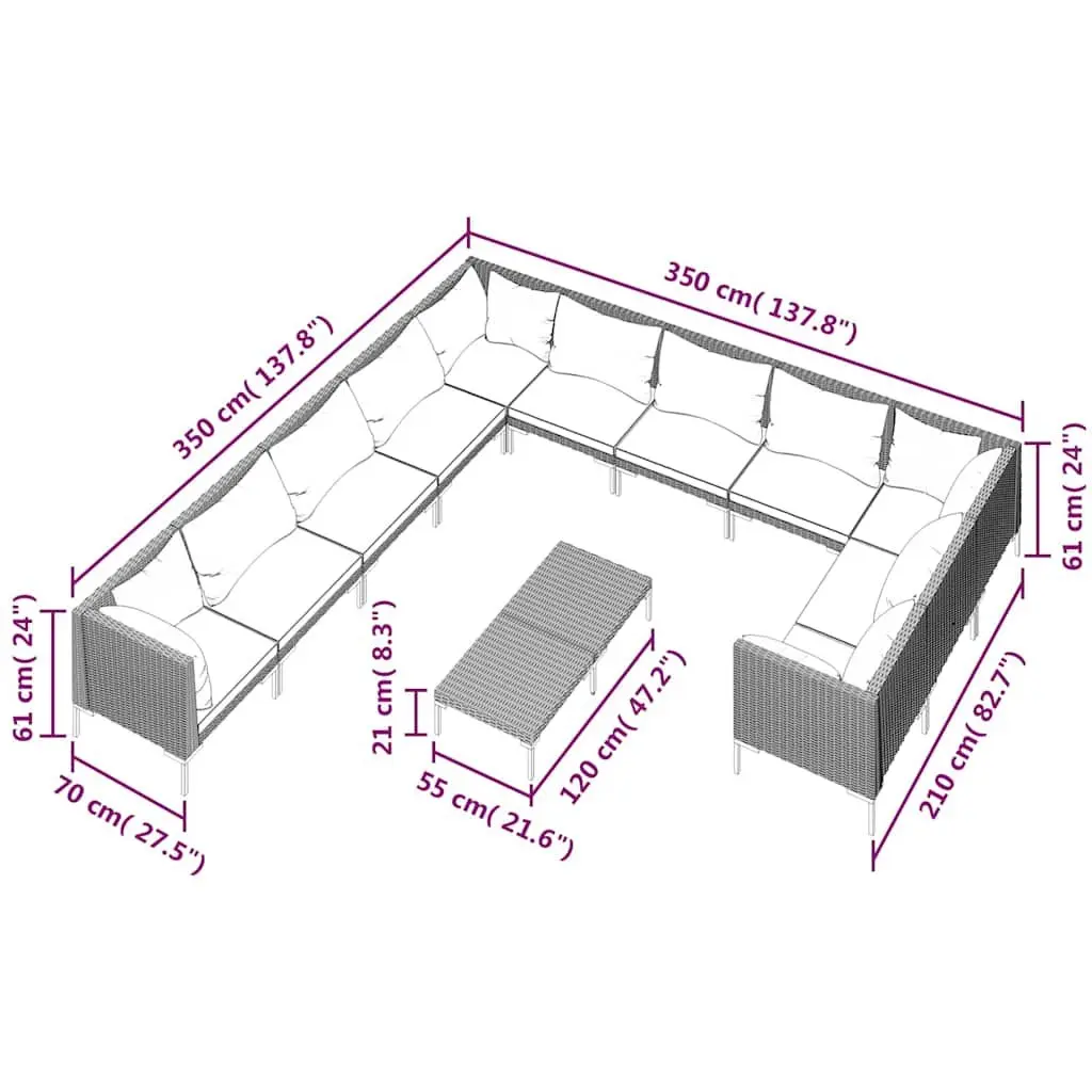 Garden Lounge Set Poly Rattan 12 Piece Outdoor Patio Furniture Grey