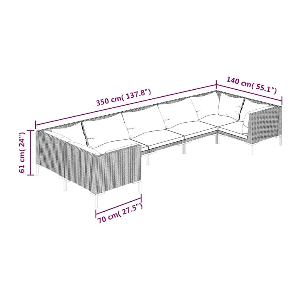 7 Piece Garden Lounge Set Powder-coated Steel Half-round PE Rattan Grey with Cushions