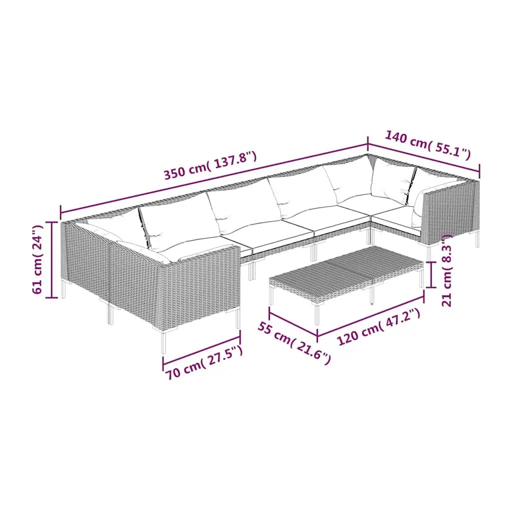 Garden Lounge Set PE Rattan 8 Piece Outdoor Furniture Grey Sofa with Cushions