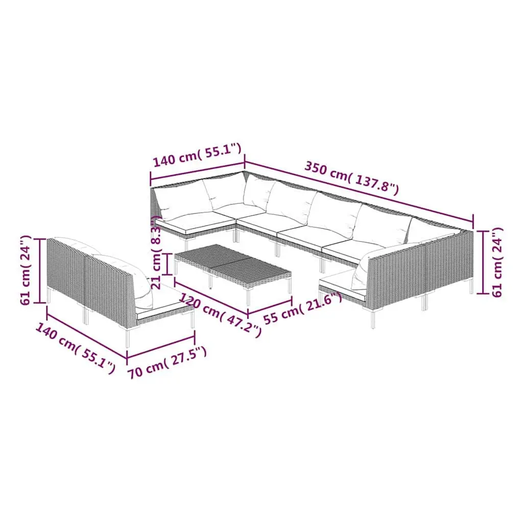 10-Piece Grey Garden Lounge Set with Cushions