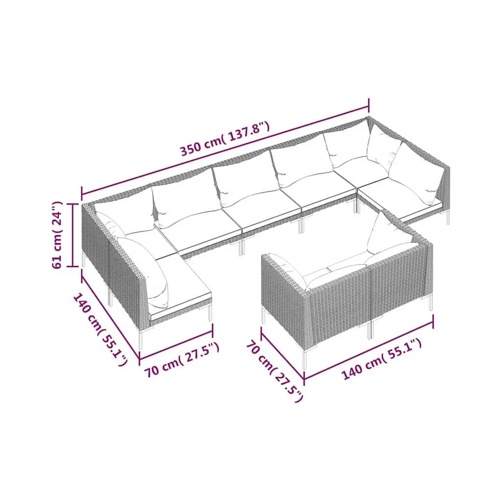 Garden Lounge Set 9 Piece Steel Grey Half-Round PE Rattan Outdoor Furniture