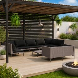 10-Piece Poly Rattan Garden Lounge Set with Grey Cushions