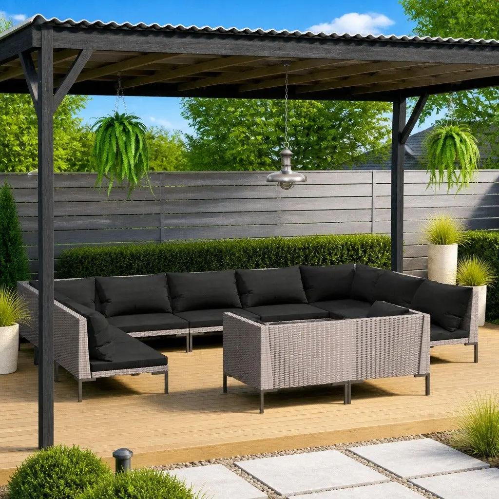 Garden Lounge Set PE Rattan 11 Piece Outdoor Furniture Powder-coated Steel Grey Patio Sofa Cushions
