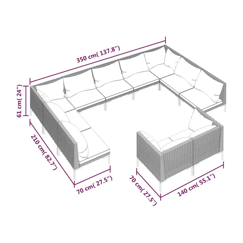 Garden Lounge Set PE Rattan 11 Piece Outdoor Furniture Powder-coated Steel Grey Patio Sofa Cushions