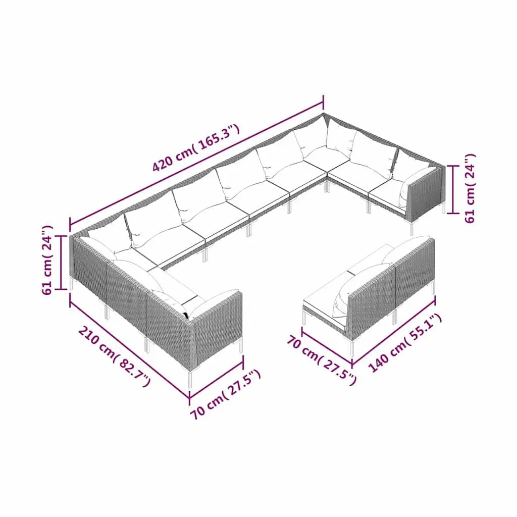 12-Piece Grey Rattan Garden Lounge Set