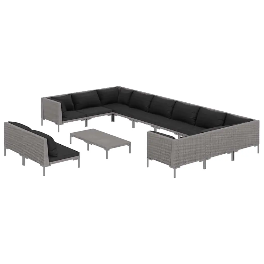 Outdoor Furniture Set Grey Poly Rattan Patio Sofa 13 Piece with Powder Coated Steel Frame and Thick Cushions