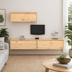 3-Piece Solid Pine Wood Floating TV Cabinets in Brown