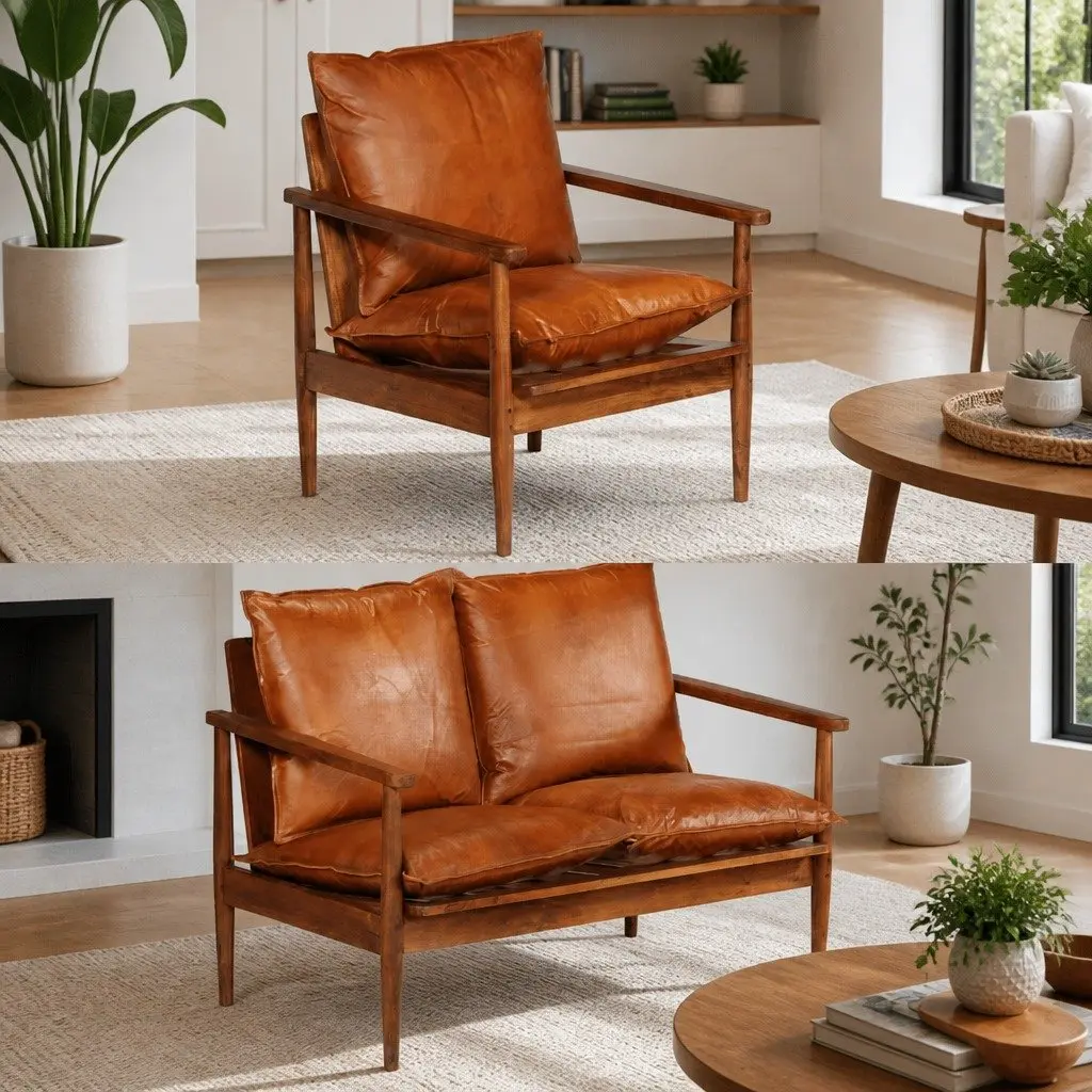 2 Piece Sofa Set Real Leather Solid Acacia Wood Brown