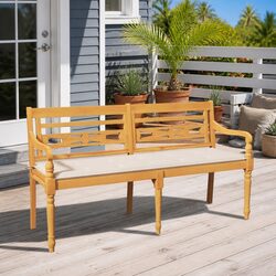 Teak Wood Outdoor Bench with Cushion and Armrests, 150 cm