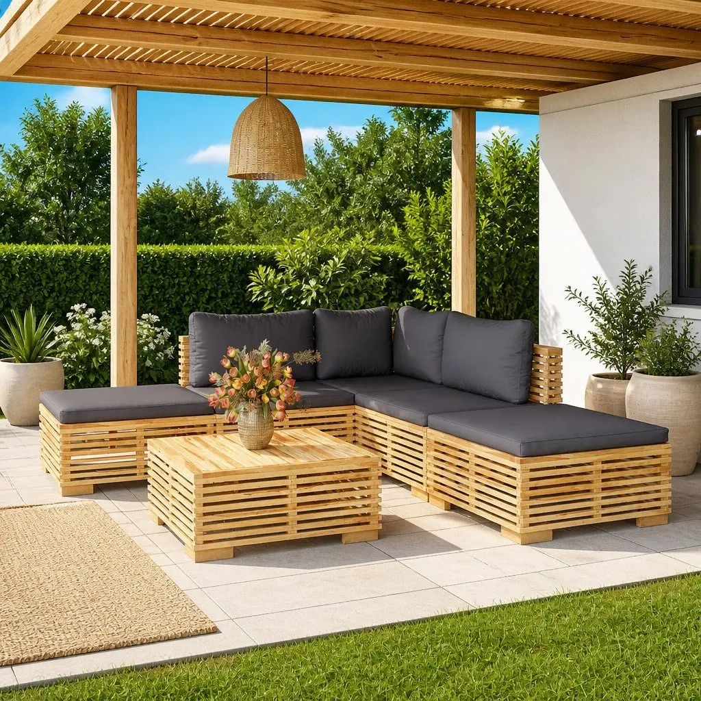 6 Piece Garden Lounge Set Solid Wood Teak Brown with Cushions