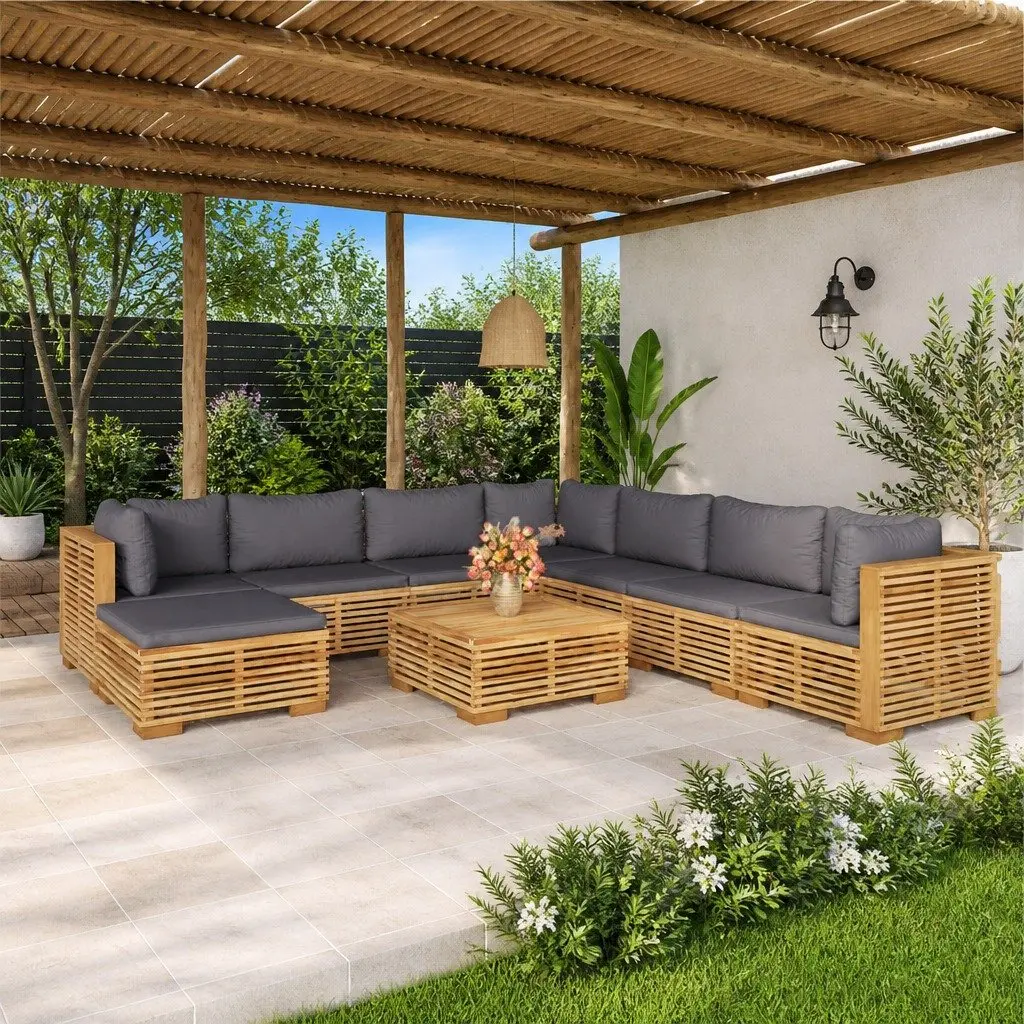 9 Piece Garden Lounge Set Solid Teak Wood Brown Outdoor Furniture