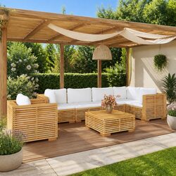 7-Piece Garden Lounge Set in Brown Teak with Cushions