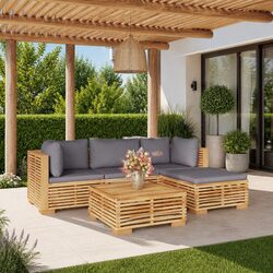 5-Piece Outdoor Lounge Set with Cushions in Teak Brown