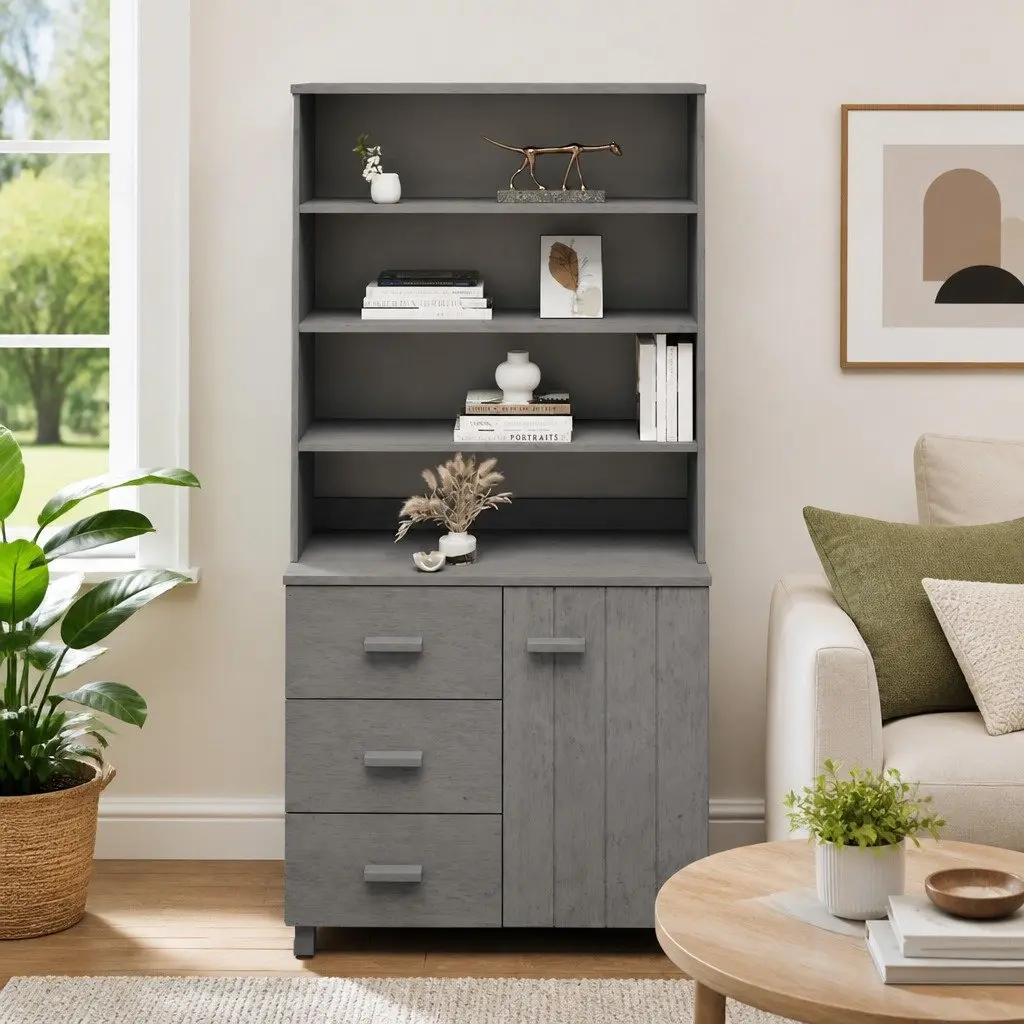 Highboard Sideboard Solid Pine Wood Buffet Cabinet Storage Grey 1 Door 3 Drawers