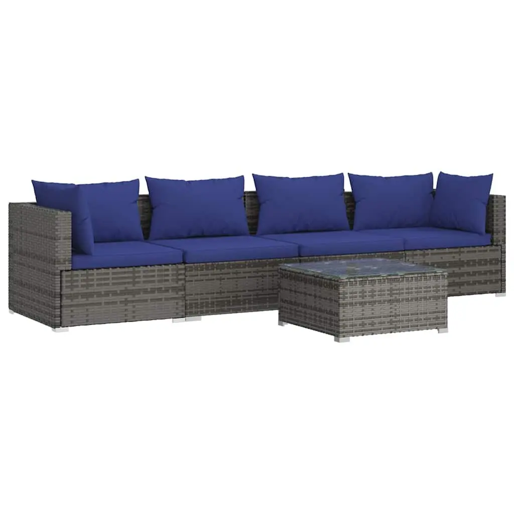 5 Piece Garden Lounge Set Poly Rattan Grey Outdoor Patio Furniture