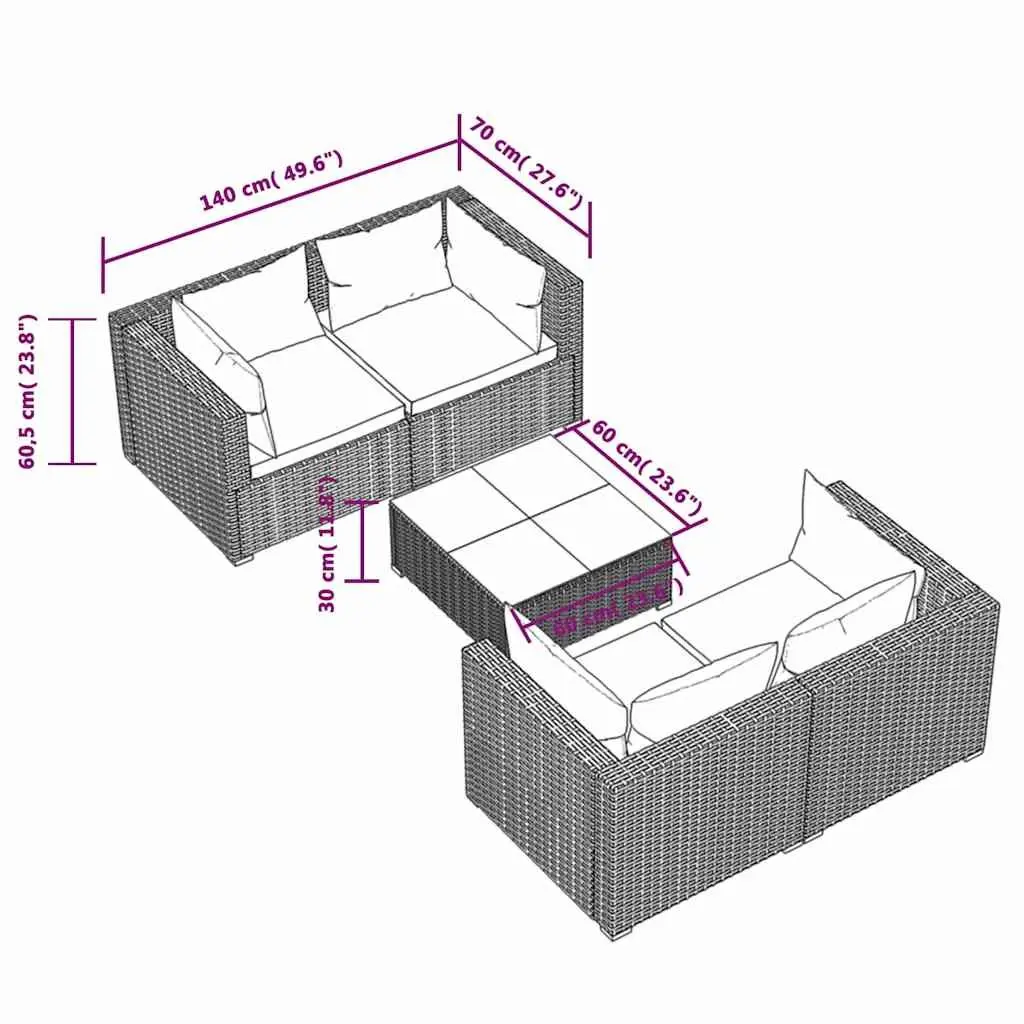 5 Piece Poly Rattan Garden Lounge Set Cushions Outdoor Patio Furniture Brown