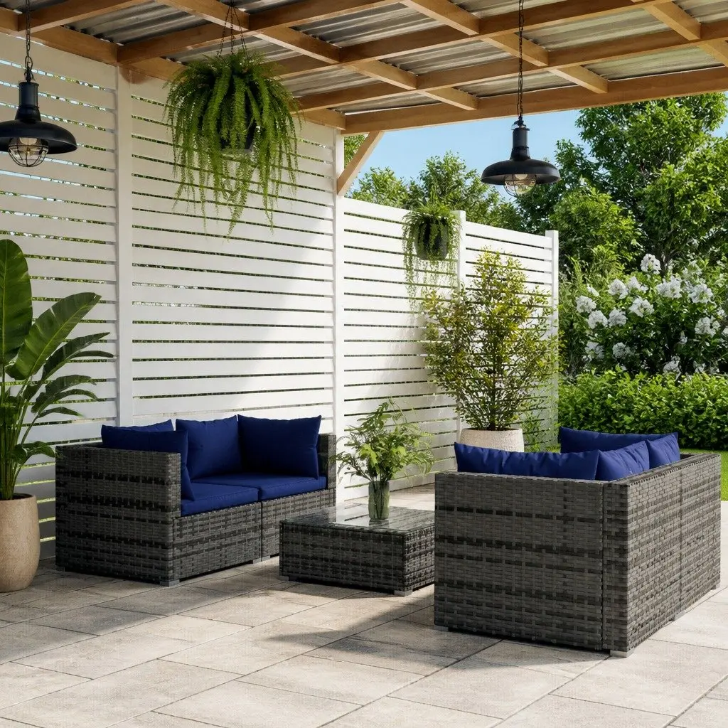 5 Piece Grey Poly Rattan Outdoor Lounge Set with Cushions