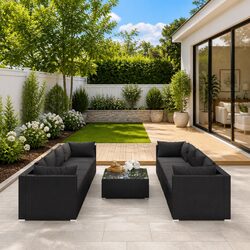 Durable 9 Piece Black Poly Rattan Garden Lounge Set