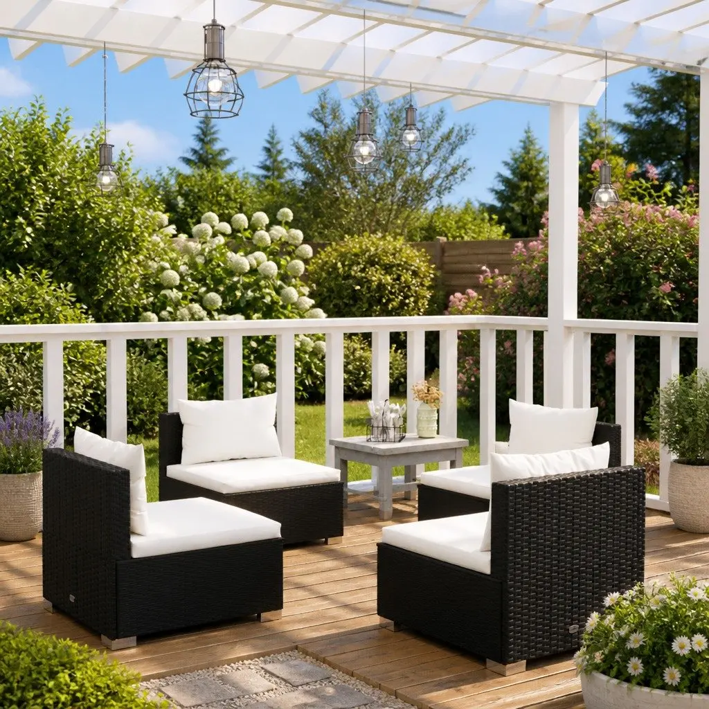 4 Piece Modular Garden Lounge Set PE Rattan Steel Frame Black