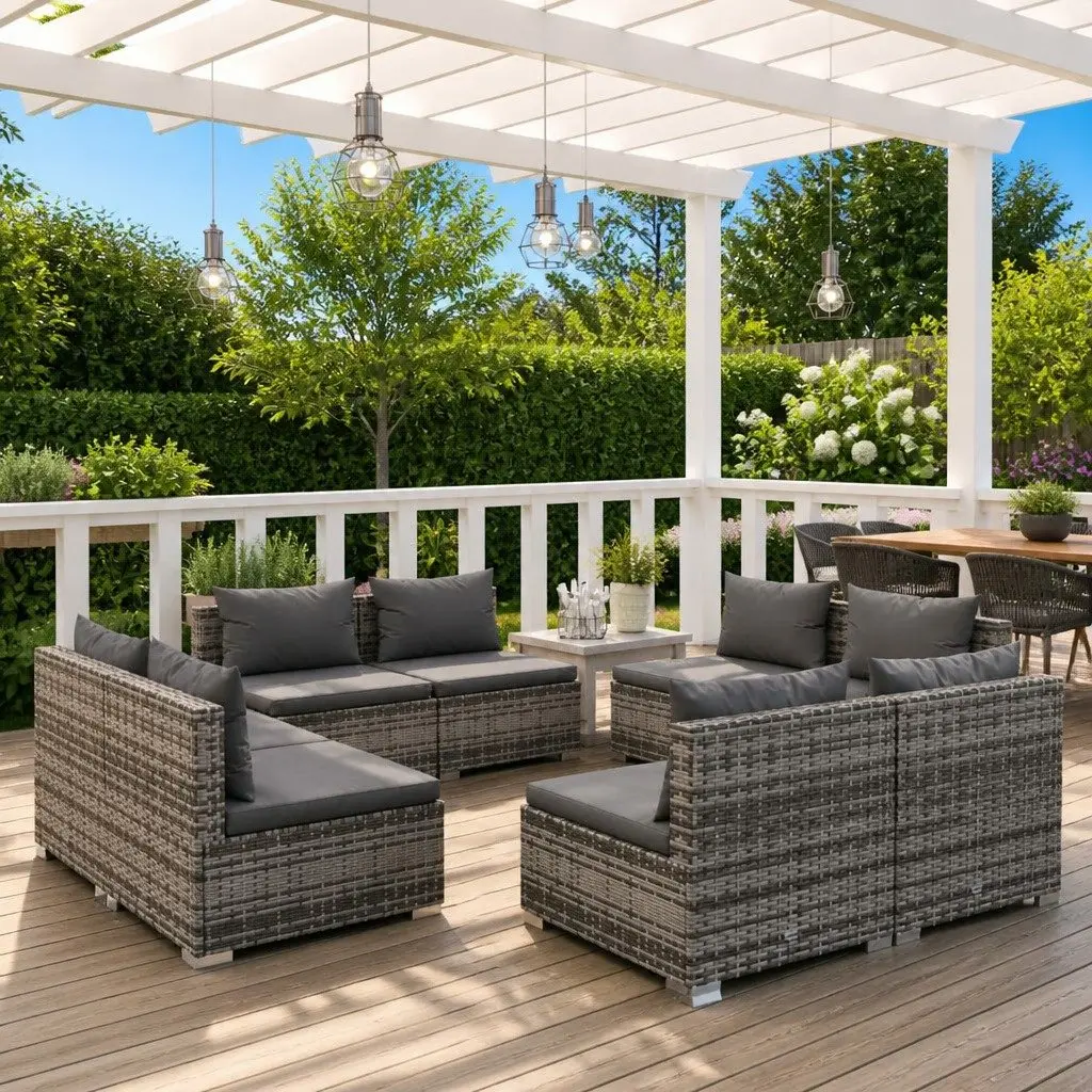 Garden Lounge Set PE Rattan 8 Piece Modular Outdoor Furniture with Cushions Grey