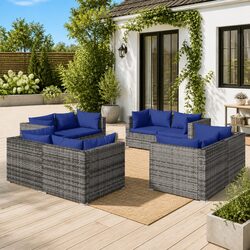 8-Piece Grey Poly Rattan Garden Lounge Set with Cushions