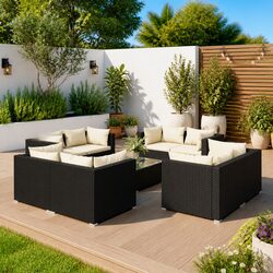 9 Piece Modular Poly Rattan Garden Lounge Set - Black