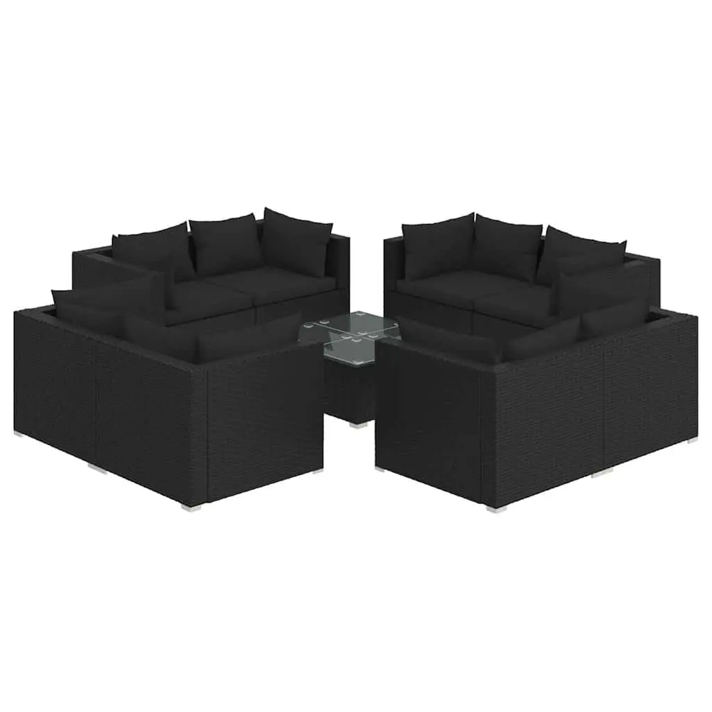 Garden Lounge Set Modular Outdoor Furniture Black PE Rattan 9 Piece with Cushions