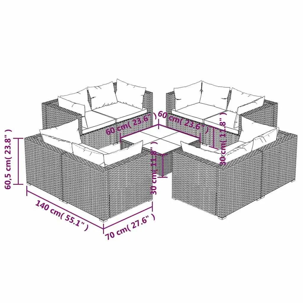 Garden Lounge Set Modular Outdoor Furniture Black PE Rattan 9 Piece with Cushions