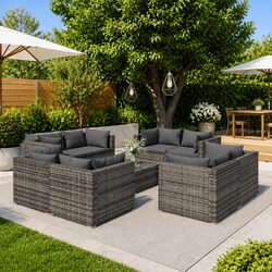 Durable 9-Piece Grey Poly Rattan Garden Lounge Set