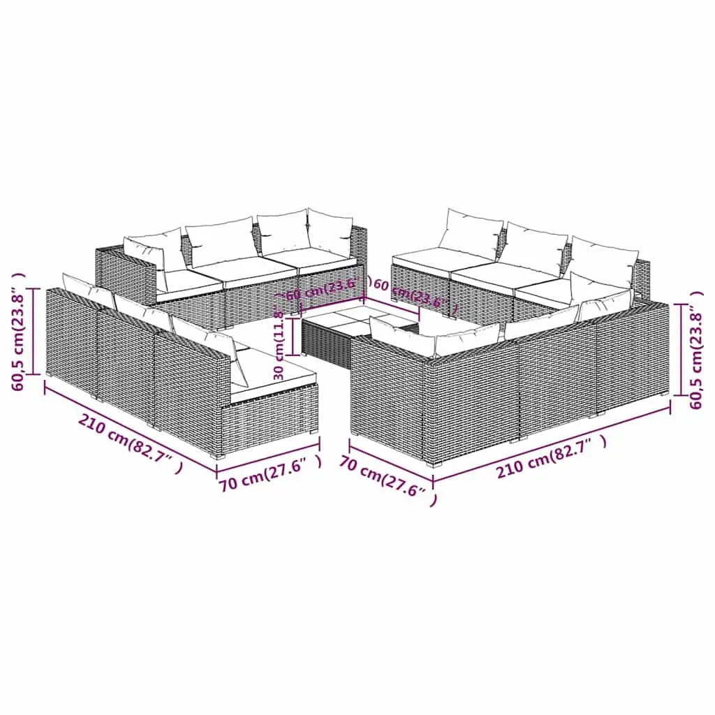 13 Piece Brown Poly Rattan Outdoor Lounge Set