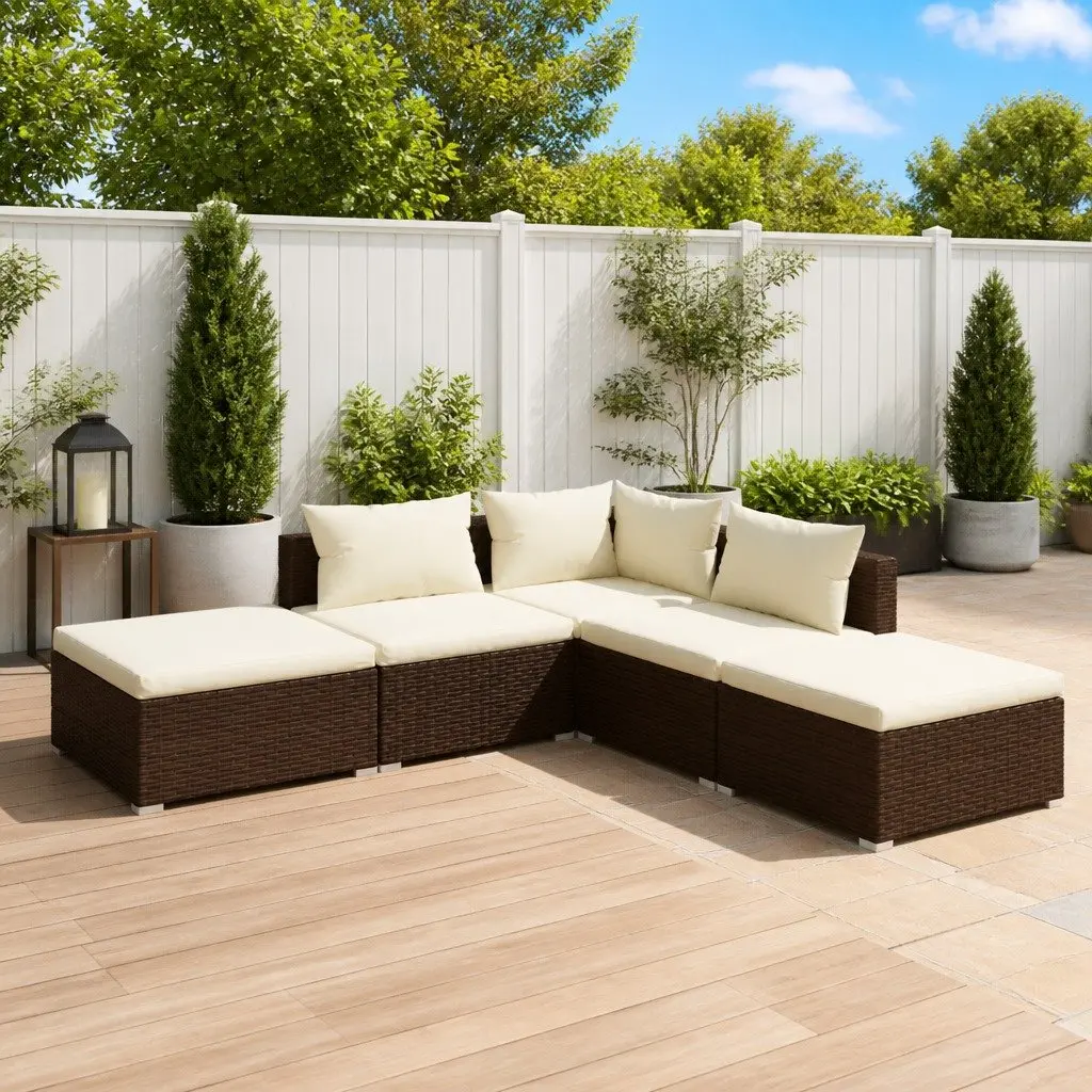 Garden Lounge Set Outdoor Furniture 5 Piece Brown Rattan with Cushions