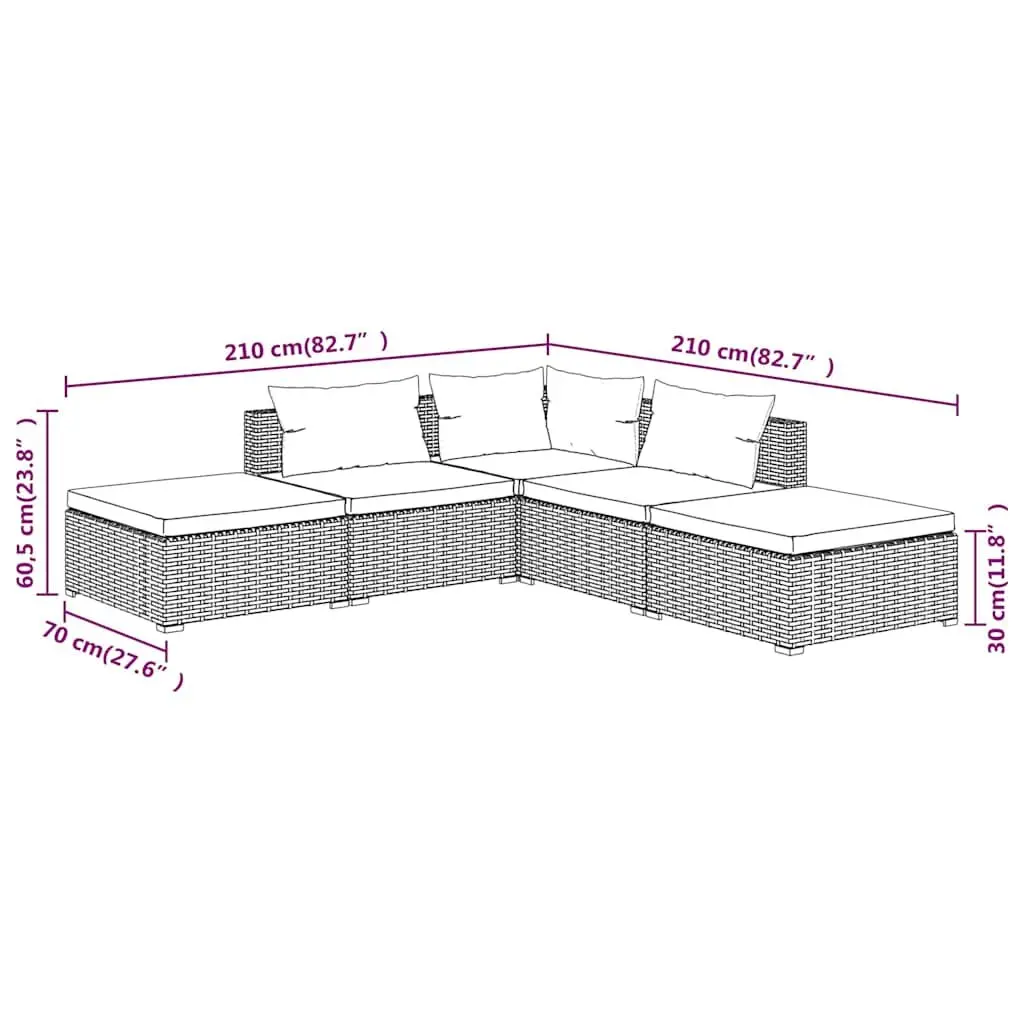 5 Piece Grey Garden Lounge Set with Cushions