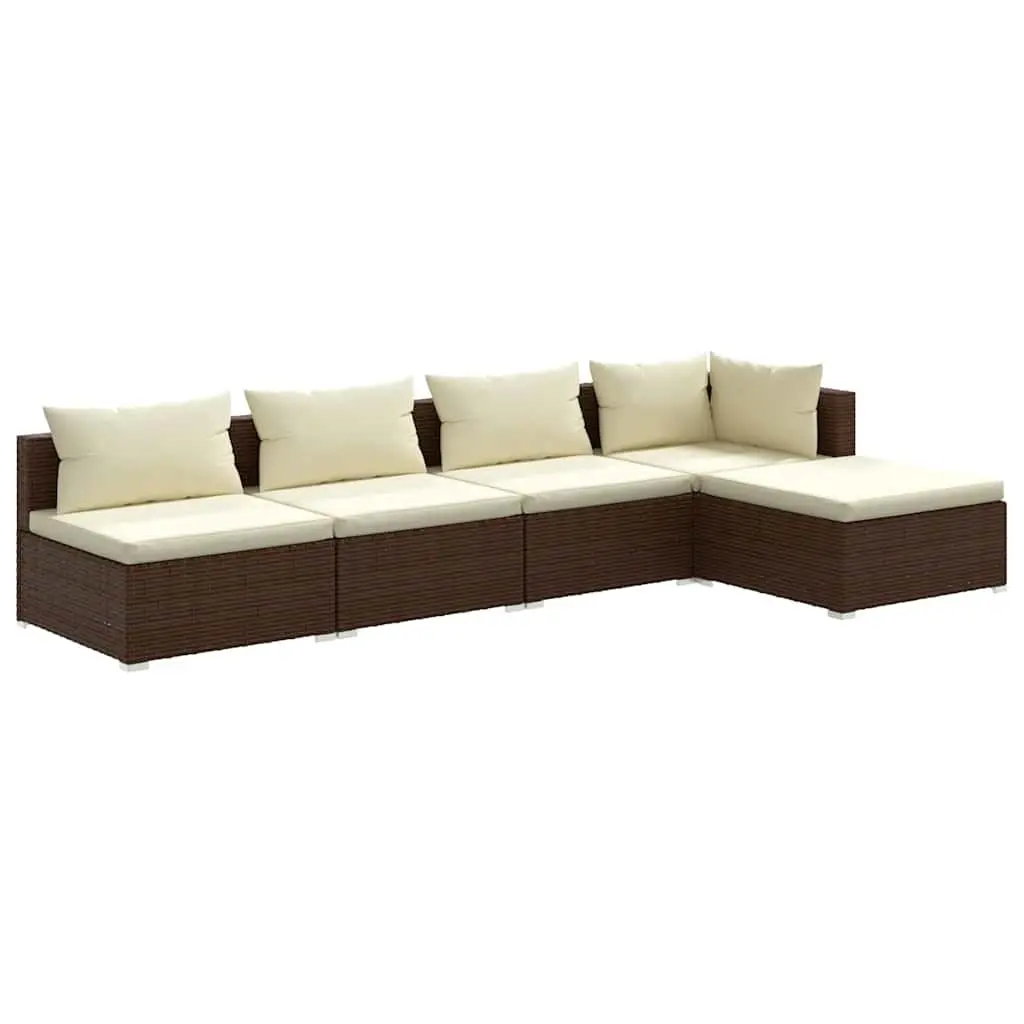 5 Piece Garden Lounge Set Poly Rattan Waterproof Brown