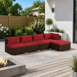 5-Piece Brown Rattan Garden Lounge Set with Cushions