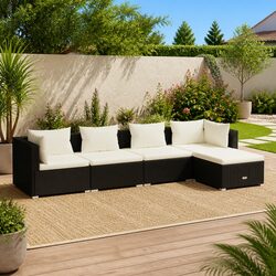Durable 5 Piece Black Poly Rattan Garden Lounge Set