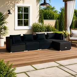 Durable 5 Piece Modular Garden Lounge Set in Black Rattan