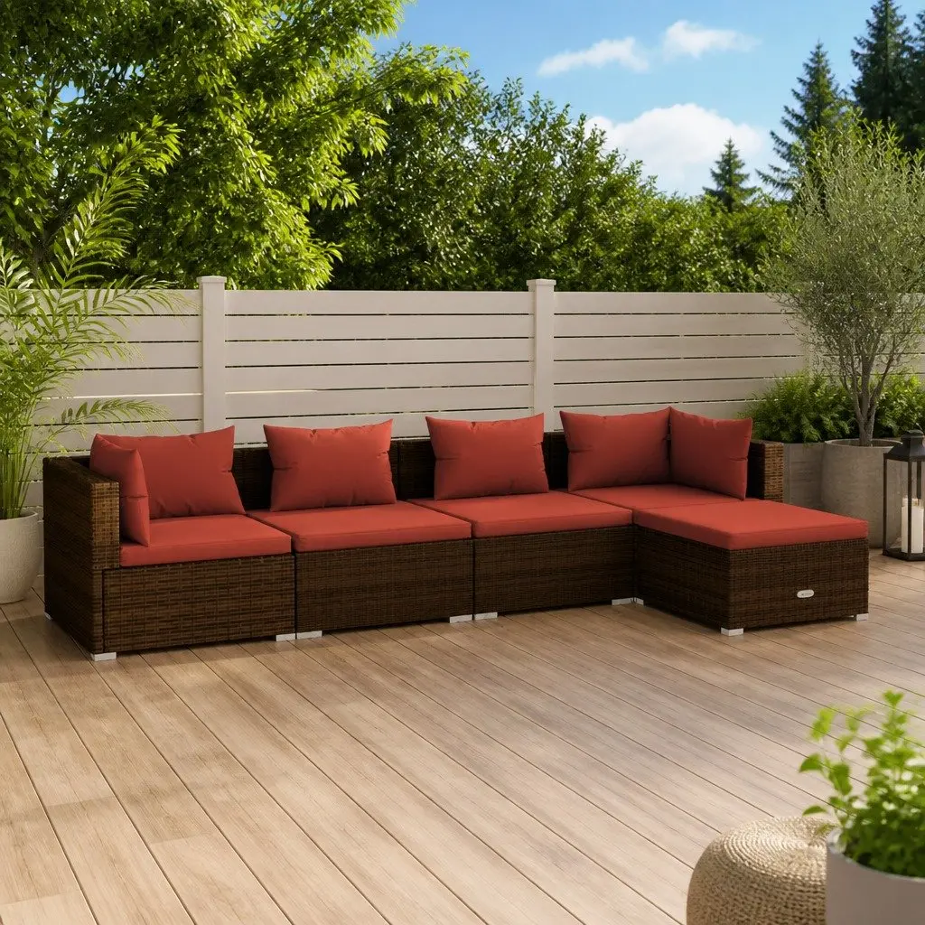 5 Piece Garden Lounge Set Poly Rattan Waterproof PE Brown