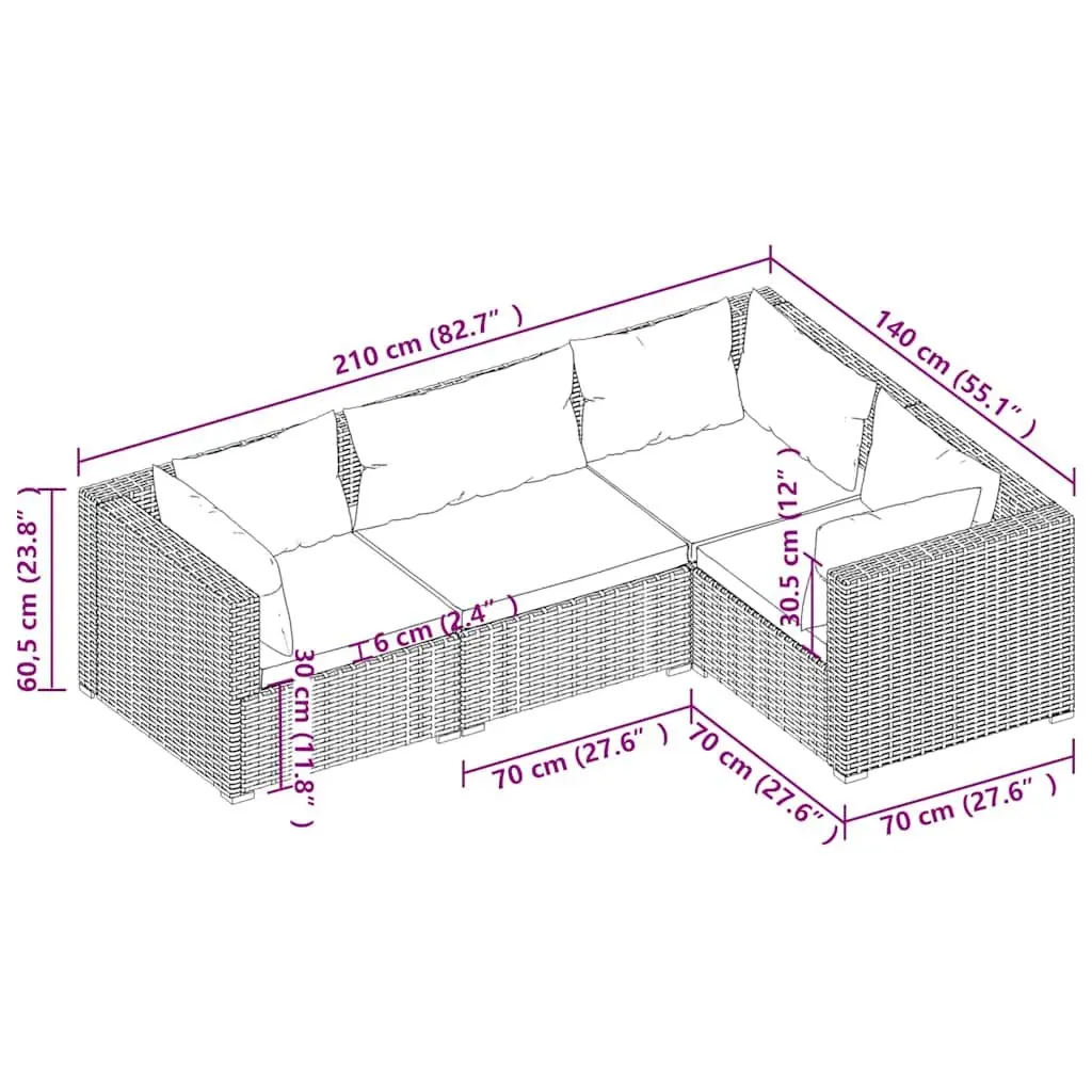 Garden Lounge Set Poly Rattan Brown 4 Piece Outdoor Furniture with Cushions